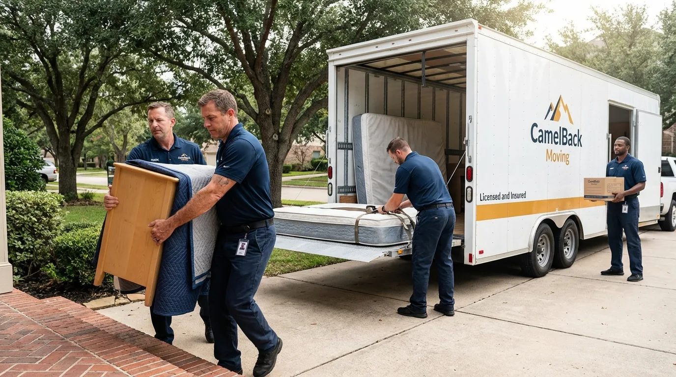 Crew loading residential truck for cross-state move from Archer City, TX
