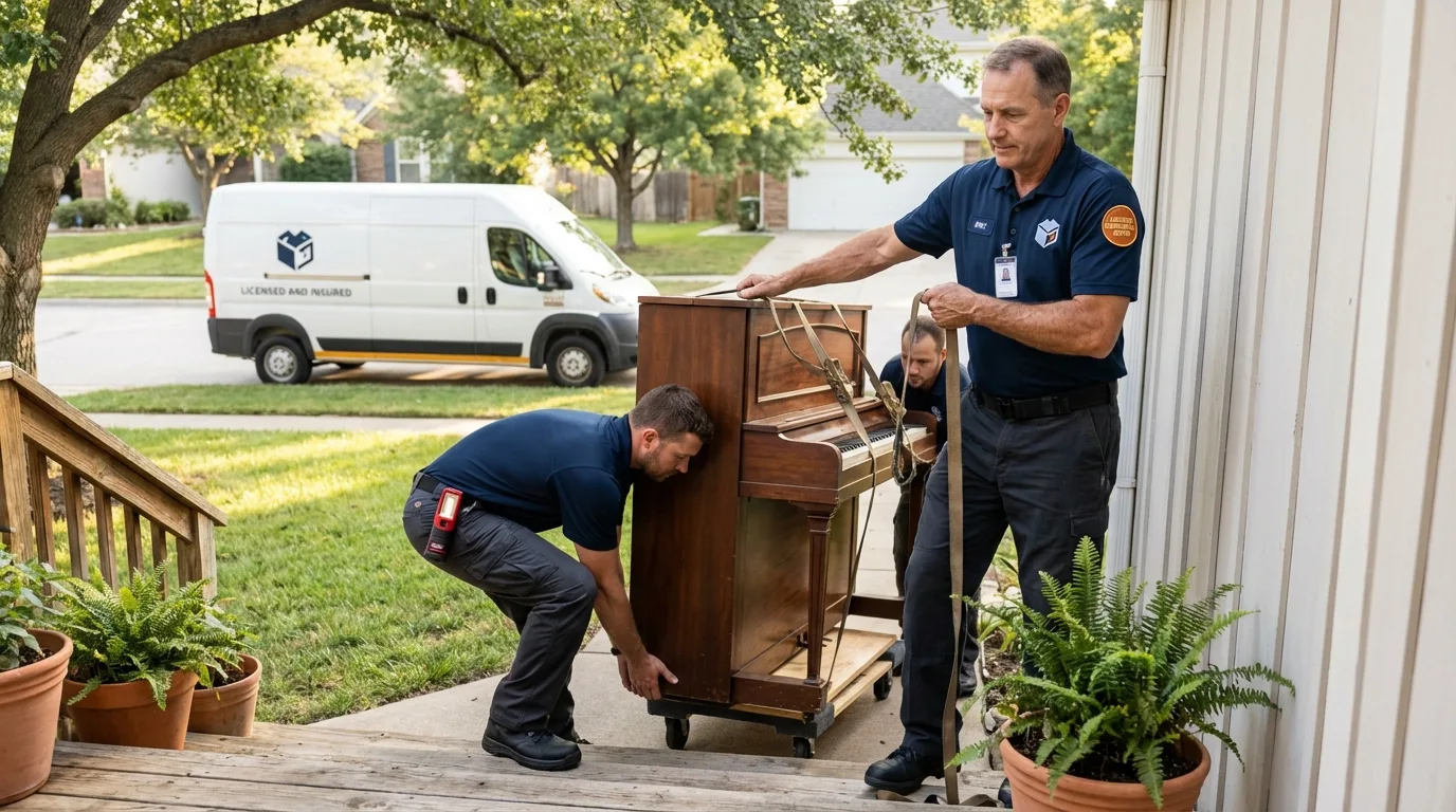 Licensed piano movers securing grand piano in Archer City, TX