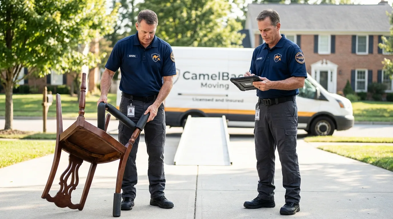 Movers inspecting furniture for damage prevention before loading in Archer City, TX