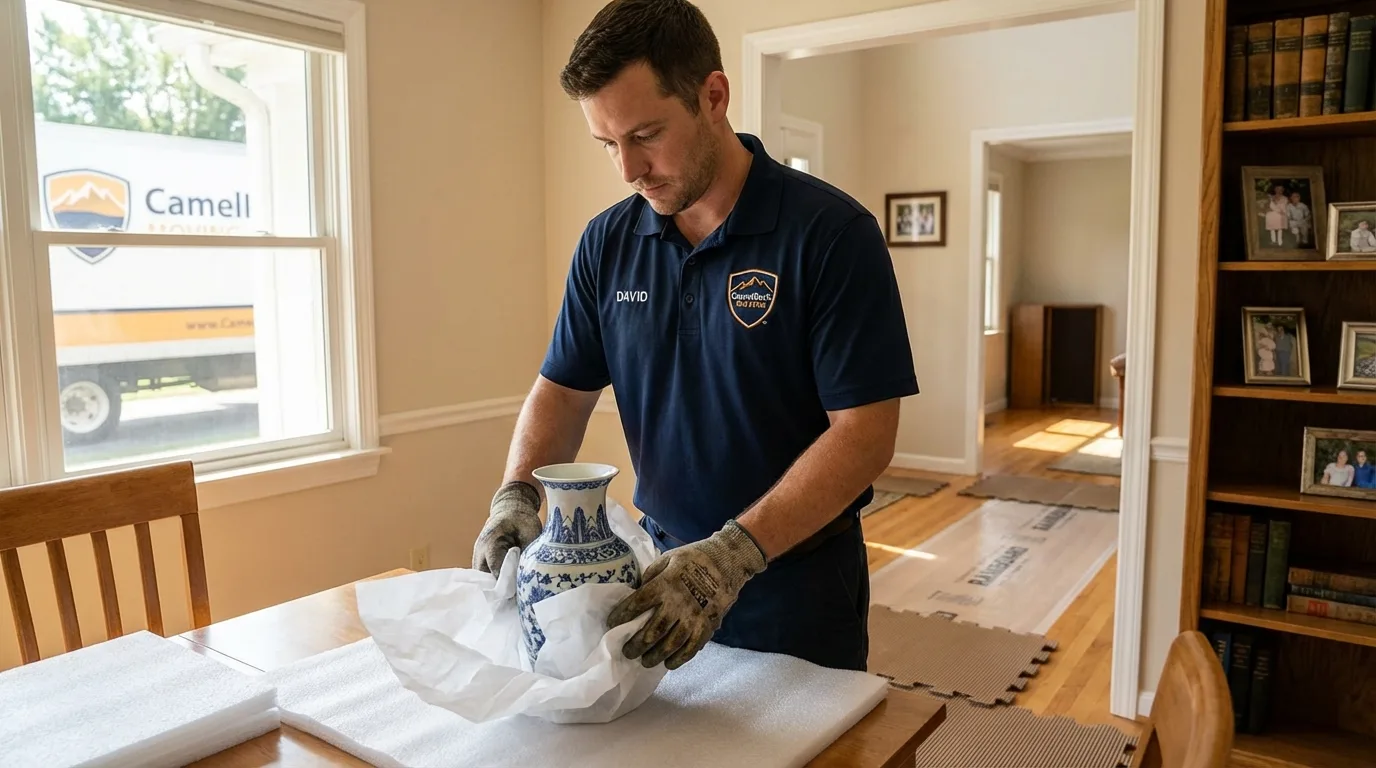 Professional crew carefully wrapping antique vase for senior downsizing move in Archer City, TX